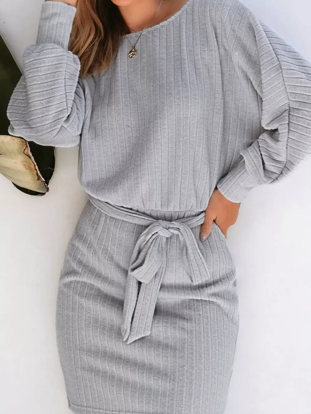Round Neck Tie Waist Textured Dress, image 3