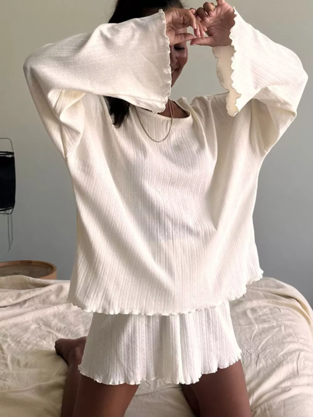 Ribbed Knit Long Sleeve Top and Shorts Lounge Set, image 3