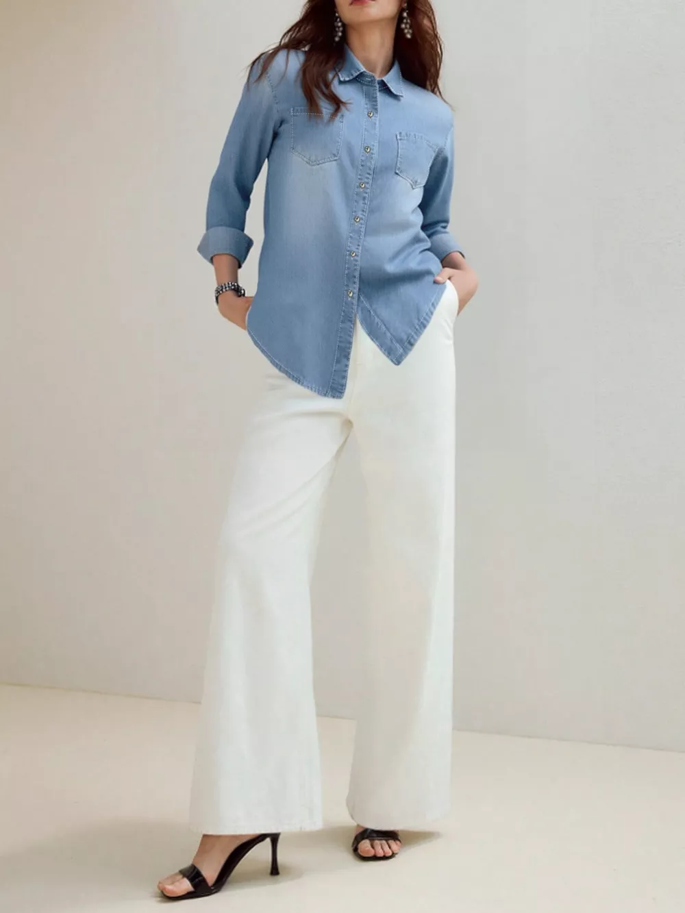 Full Size Button-Up Long Sleeve Denim Shirt Plus Size, image 5