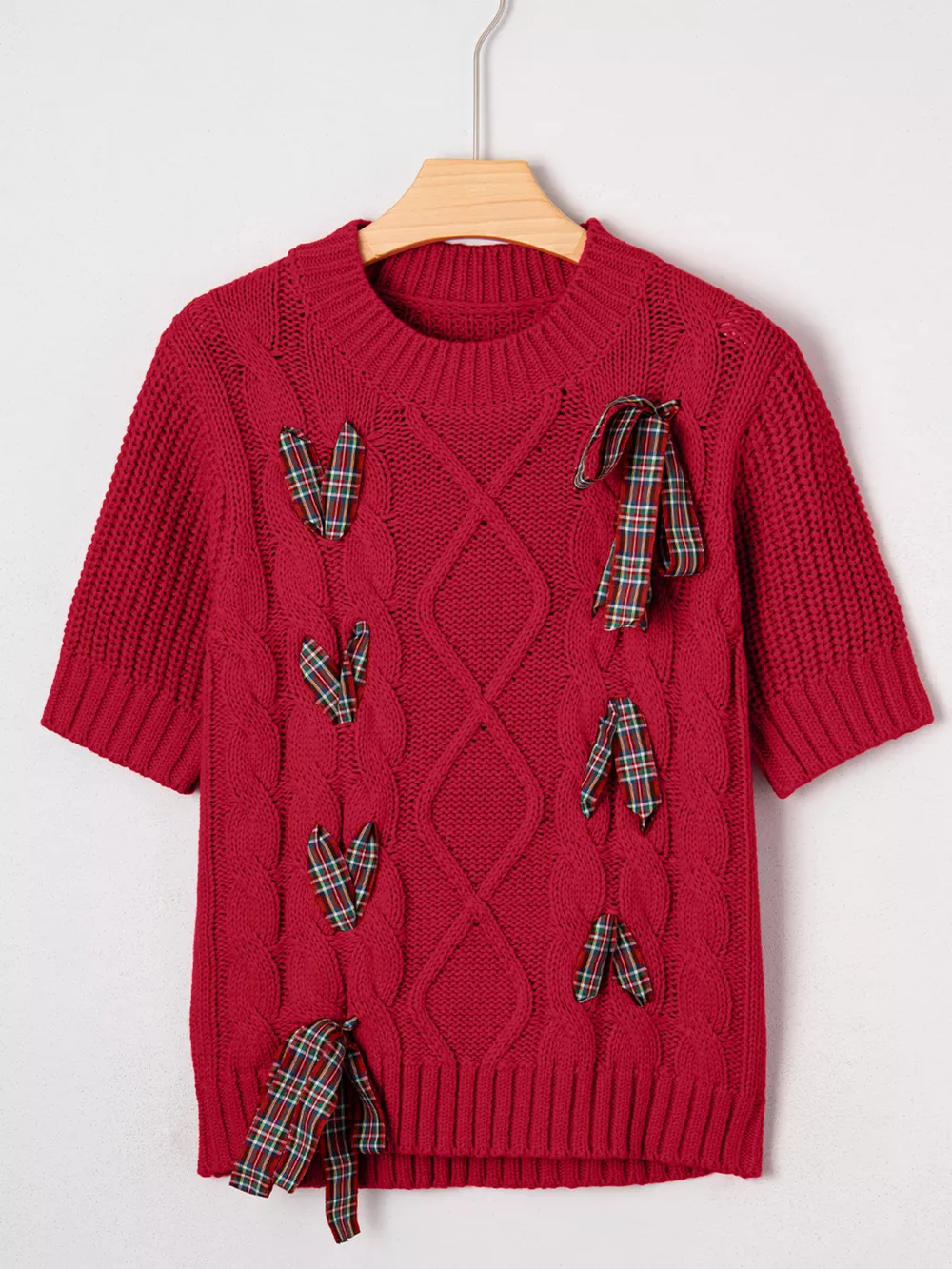 Plaid Lace Up Detail Christmas Holiday Puff Short Sleeve Sweater, image 5
