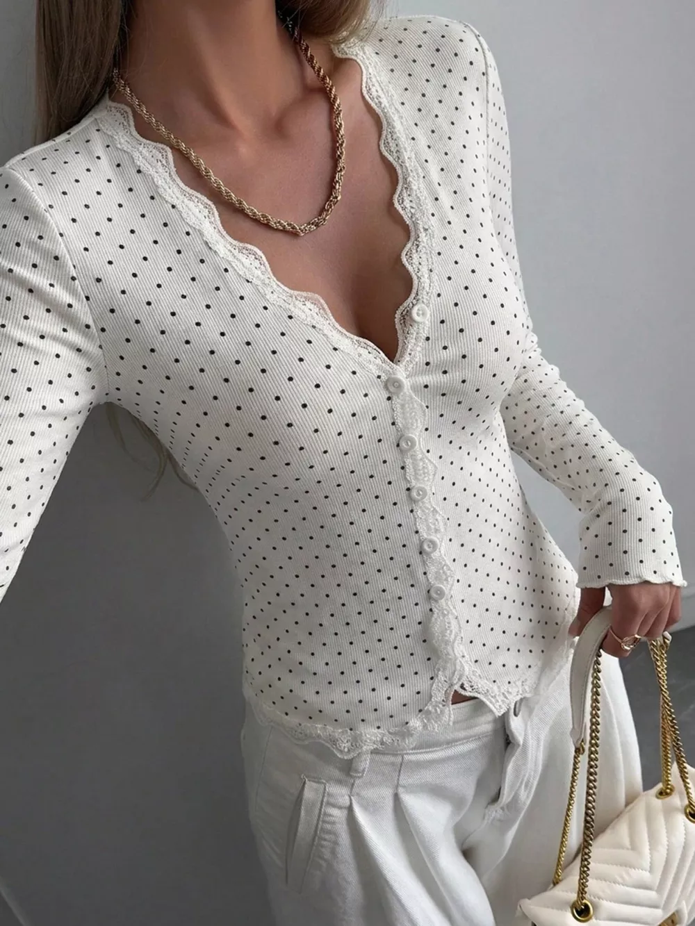 Lace Trim V-Neck Ribbed Long Sleeve Blouse, image 2