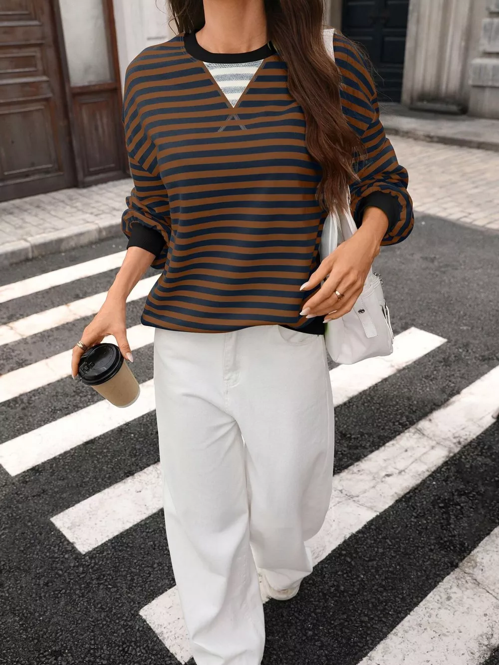 Contrast Trim Striped Crew Neck Sweatshirt, image 21