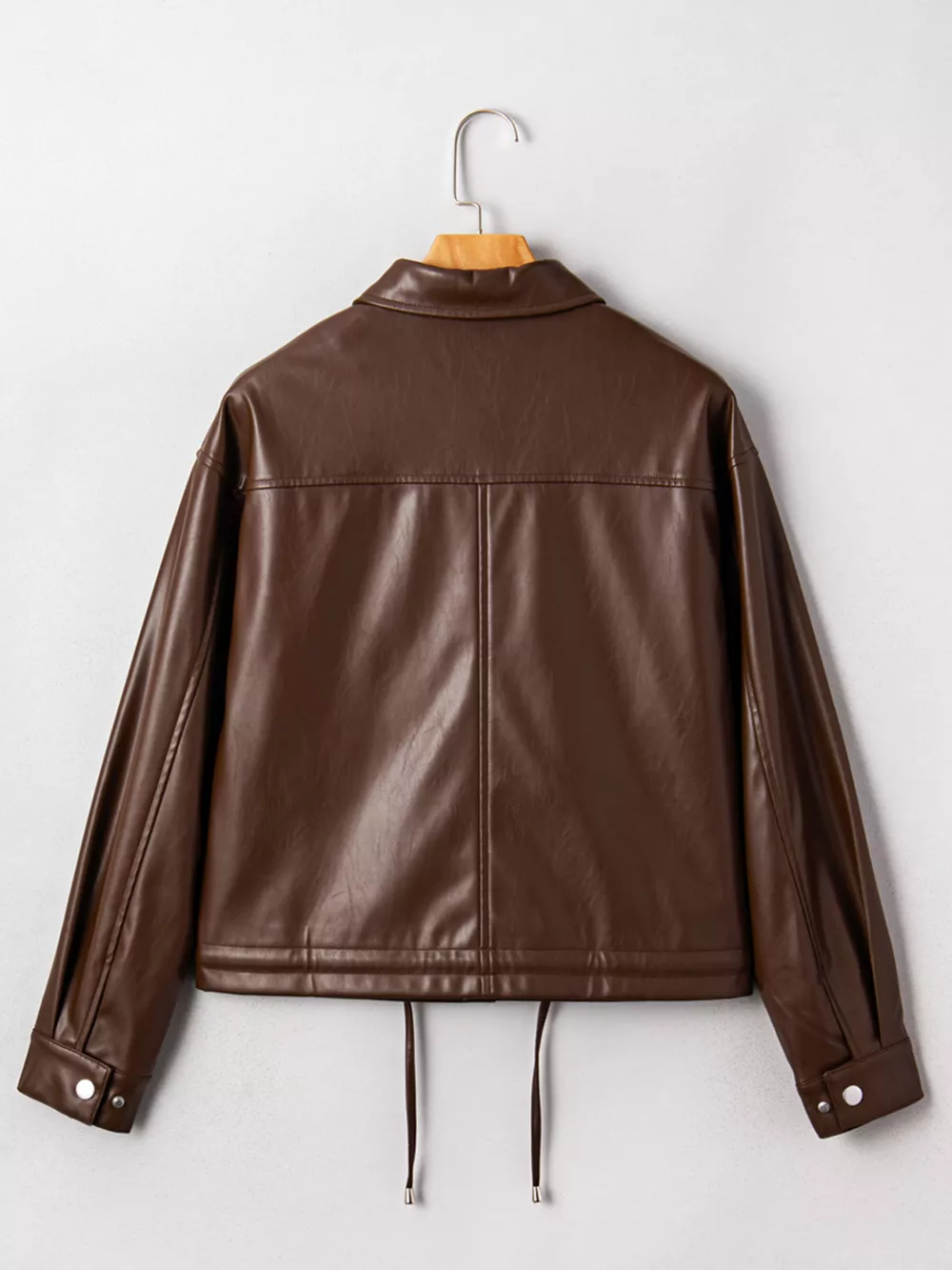 Double Flap Pocket Drawstring Hem Leather Jacket, image 10
