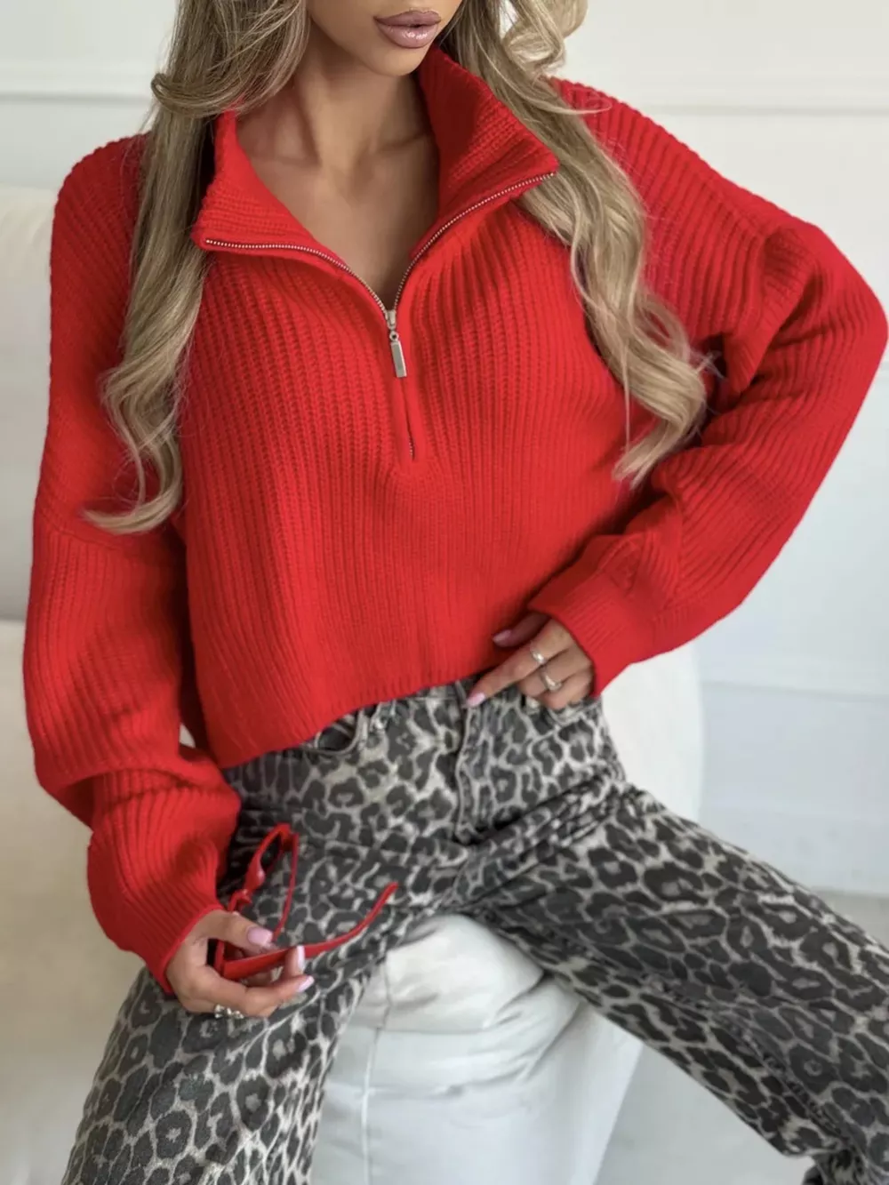 Half Zip Dropped Shoulder Sweater, image 3