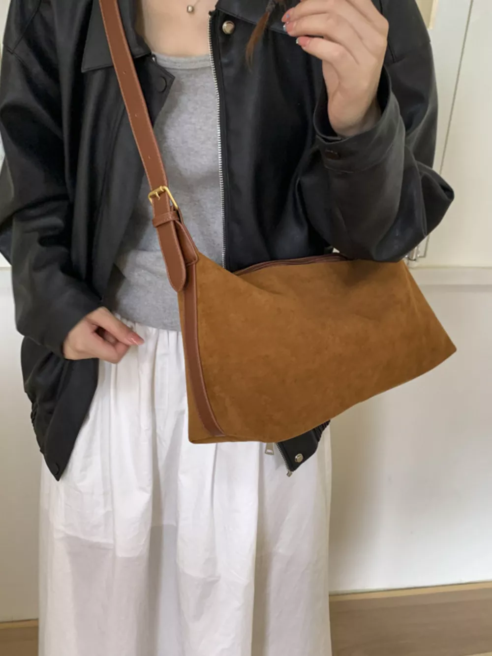 Solid Color Suede Hobo Crossbody Bag, image 12