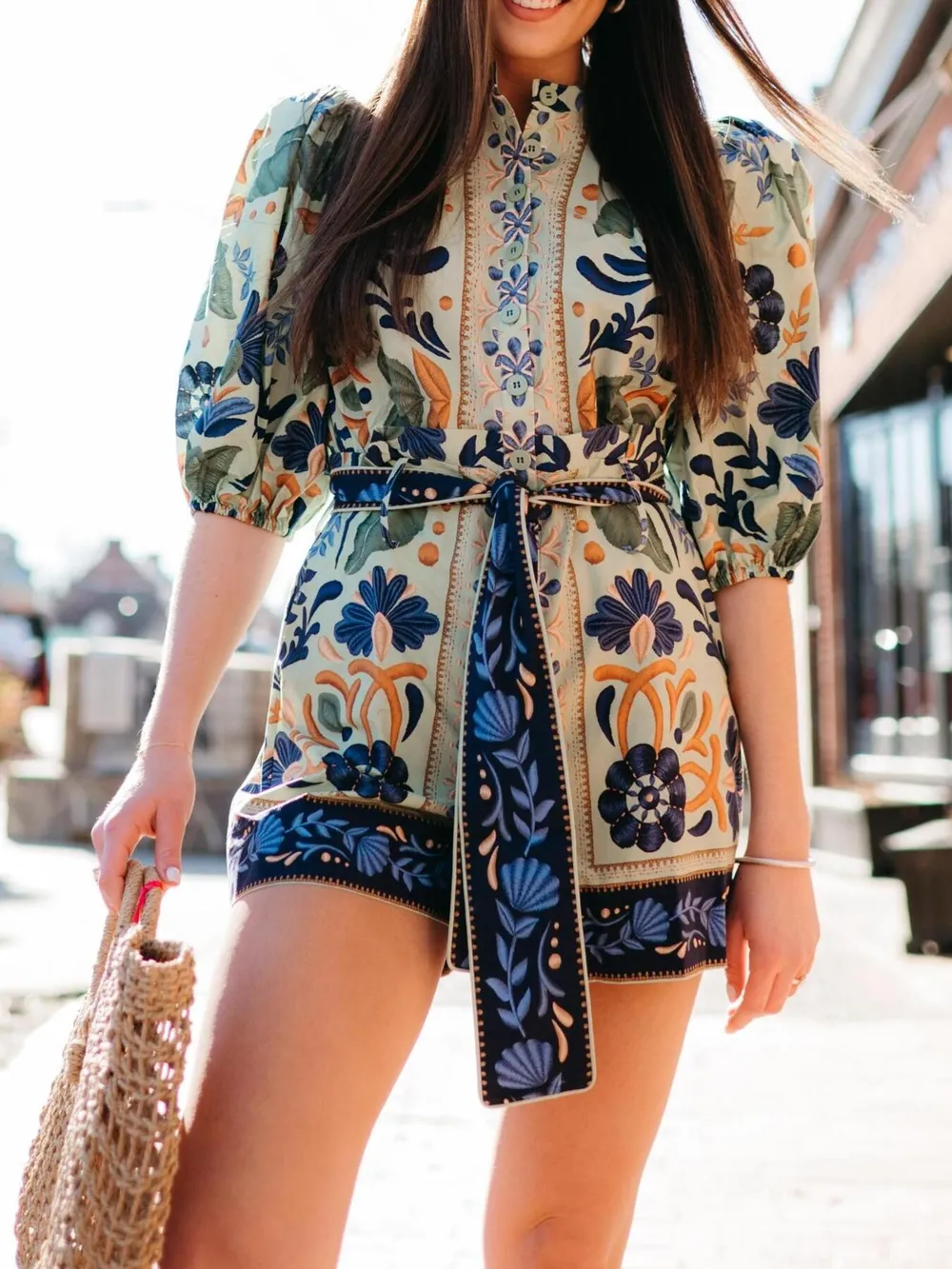 Floral Print Button Front Belted Romper, image 5