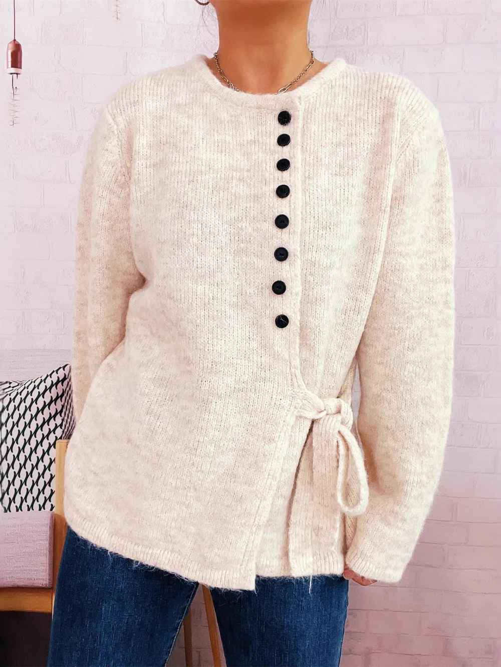Button-Front Side-Tie Sweater, image 2