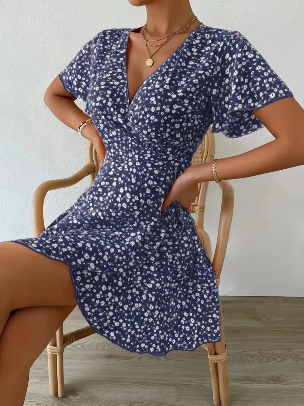 Floral Flutter Sleeve Wrap Mini Dress, image 6