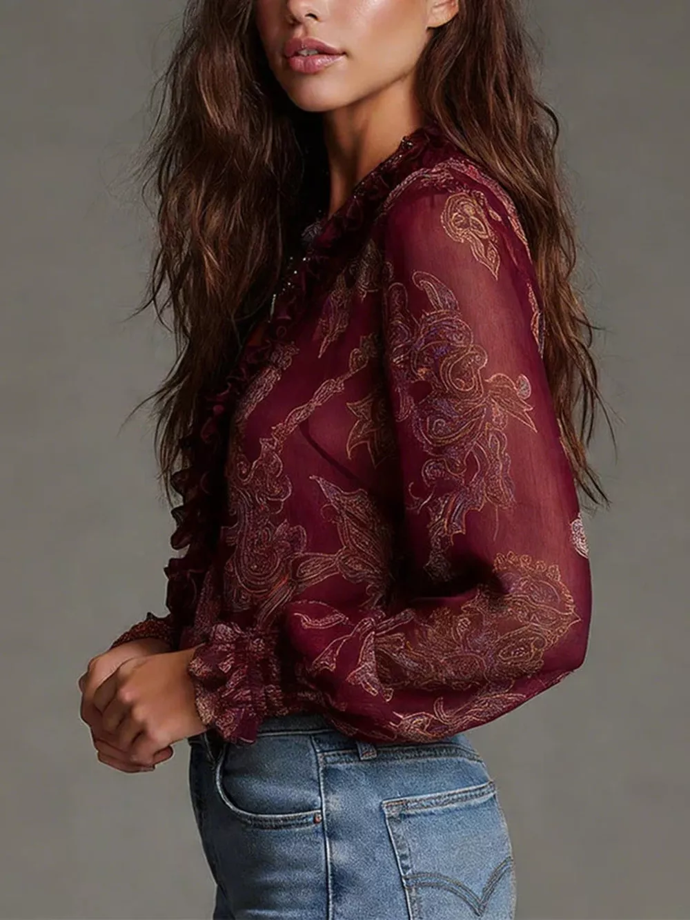 Full Size Paisley Print Ruffle Trim Zip-Front Blouse Plus Size, image 7