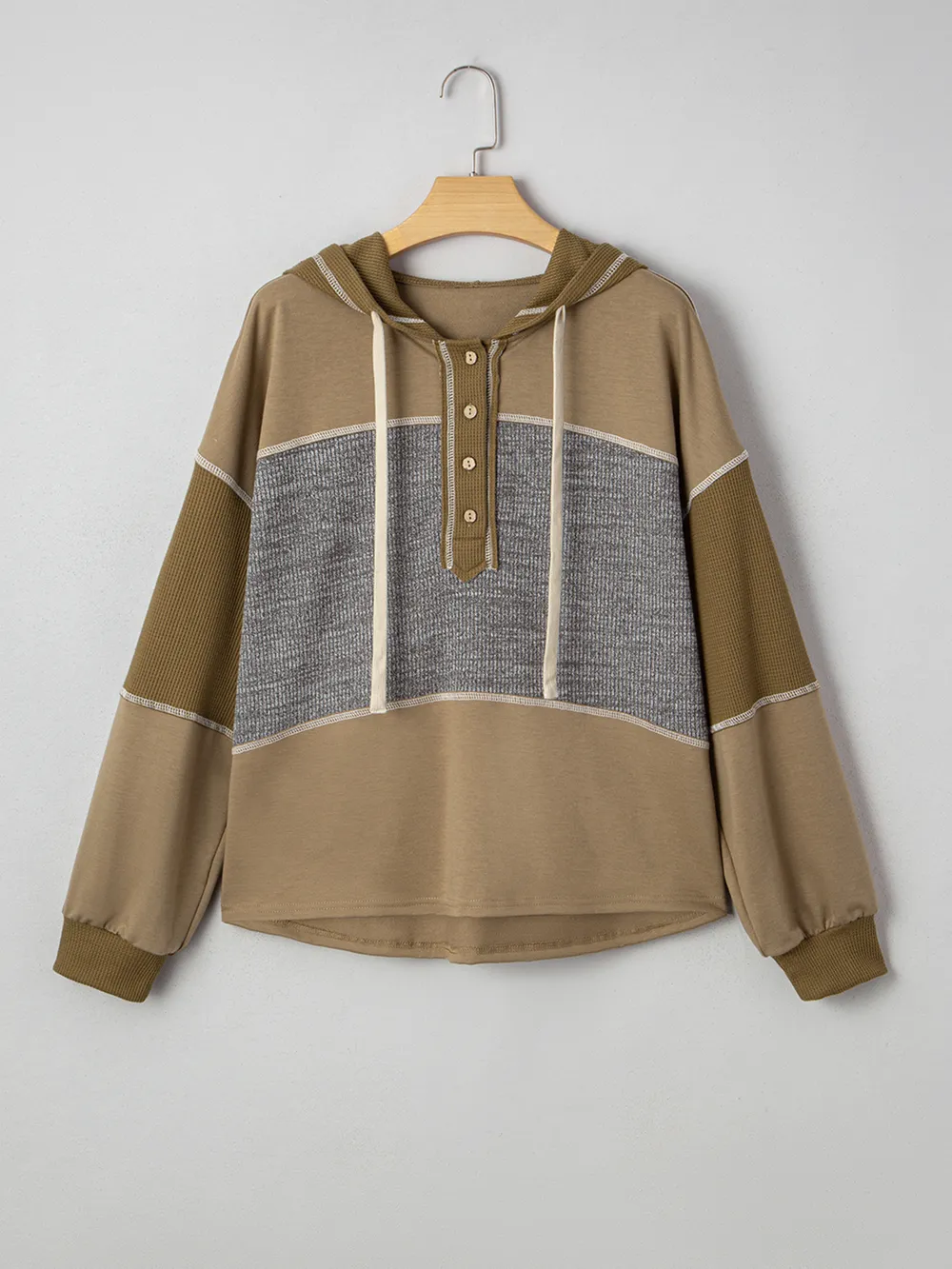 Mixed Texture Patchwork Exposed Seam Half Button Hoodie, image 7