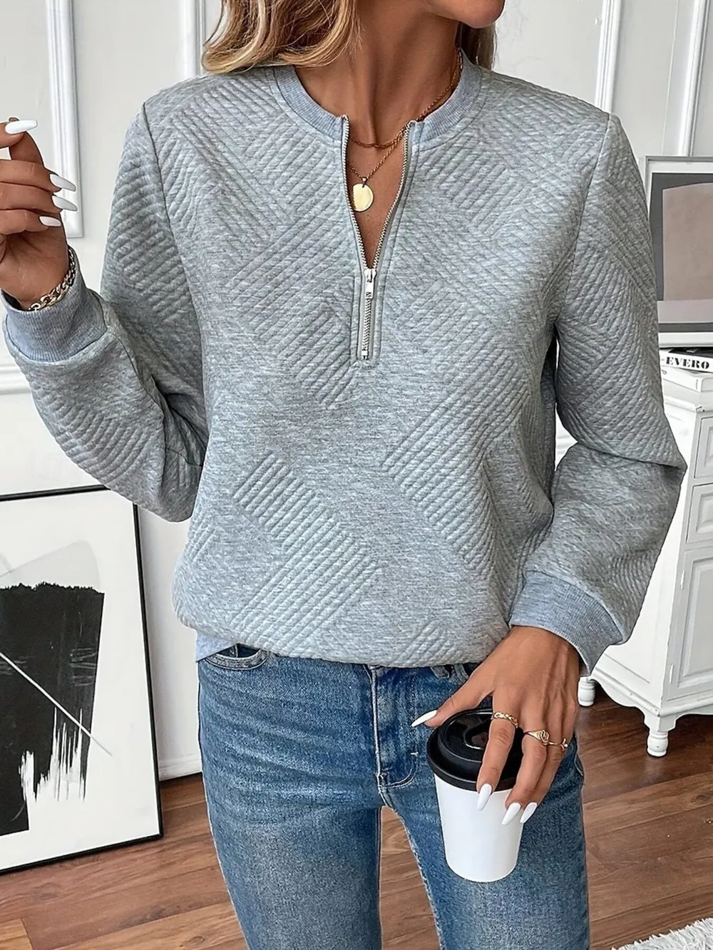 Quarter Zip Textured Long Sleeve Sweatshirt, image 4