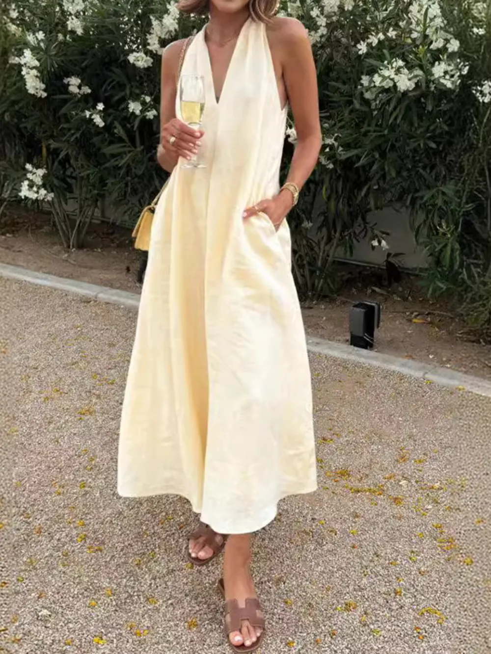 Halter V-Neck Linen Midi Dress, image 3