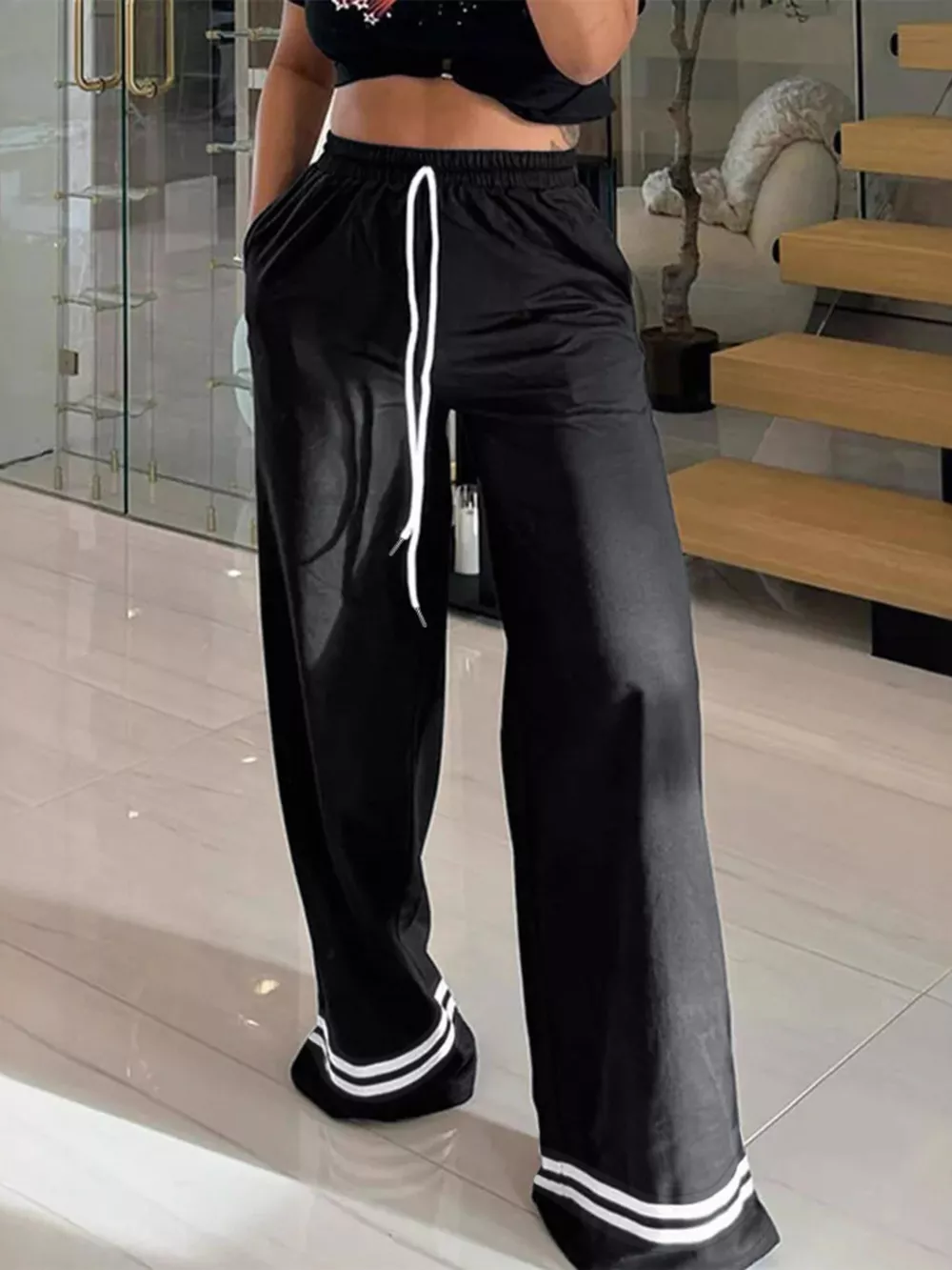 Wide-Leg Drawstring Pants with Striped Hem, image 2