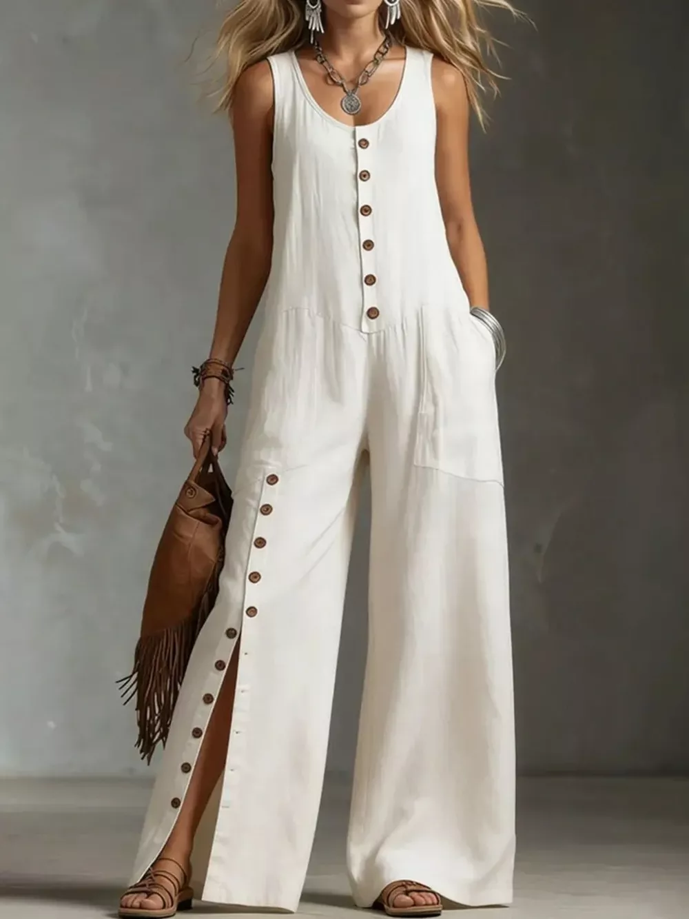 Full Size Sleeveless Button-Down Wide-Leg Jumpsuit Plus Size, image 9