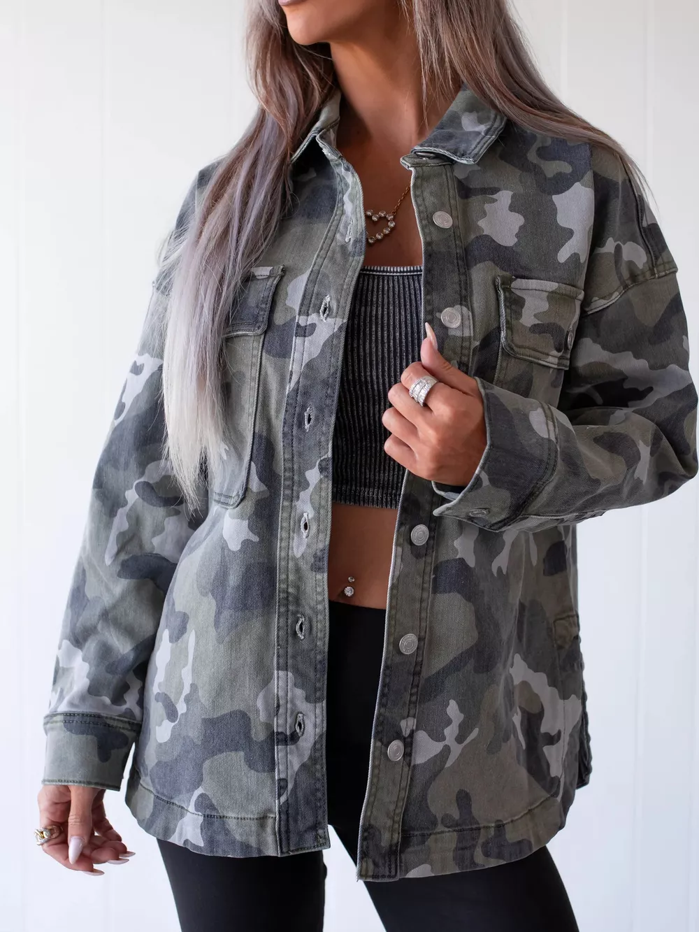 Oversized Camouflage Print Button Up Denim Jacket, image 3