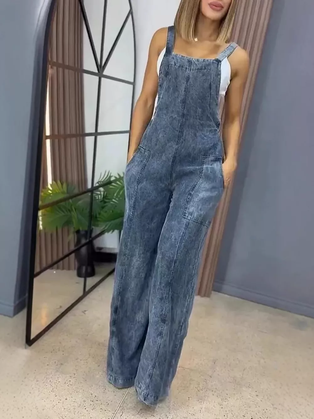 Full Size Vintage Wash Wide Leg Denim Overalls Plus Size, image 4