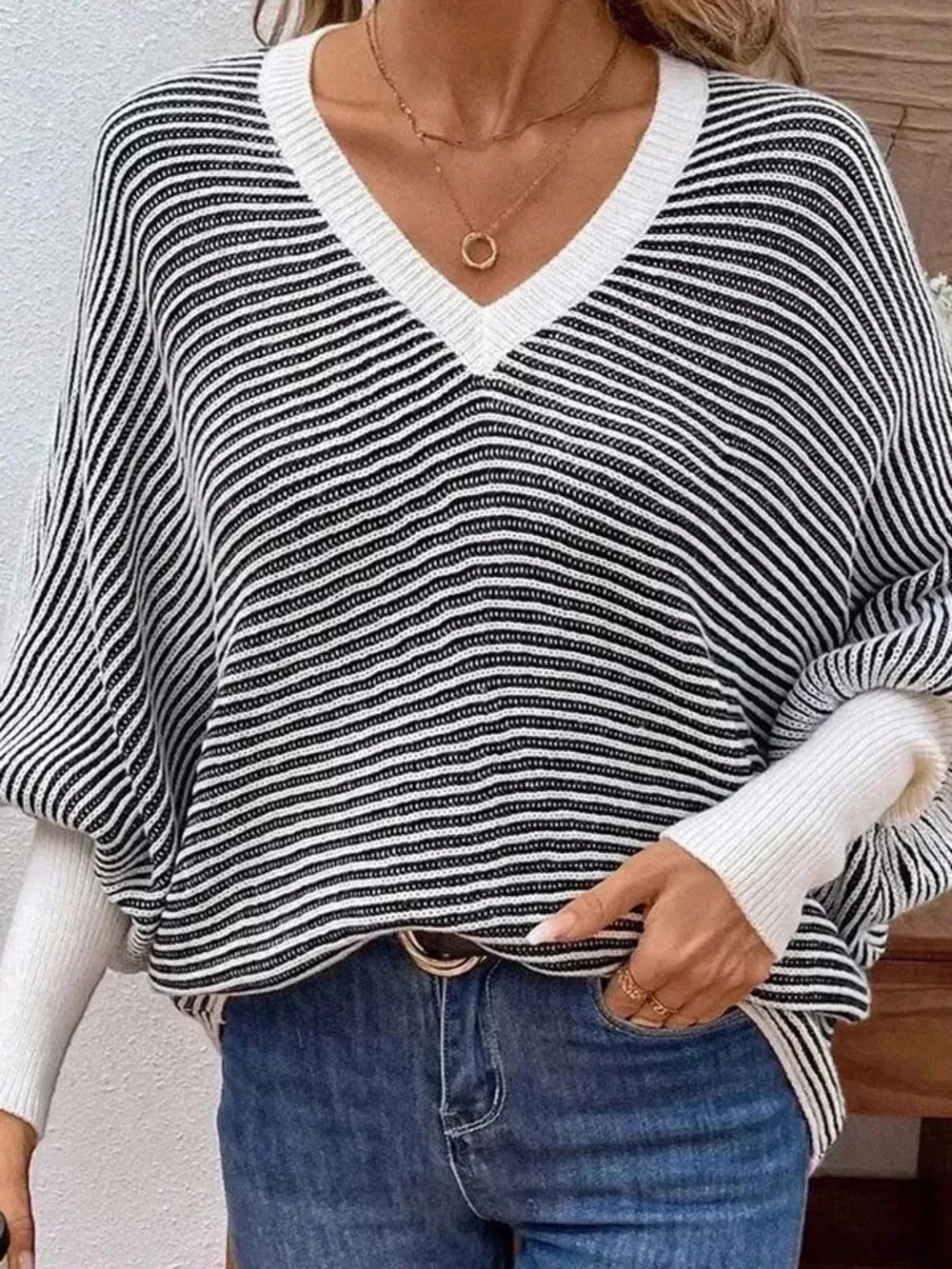 V-Neck Striped Batwing Sleeve Sweater