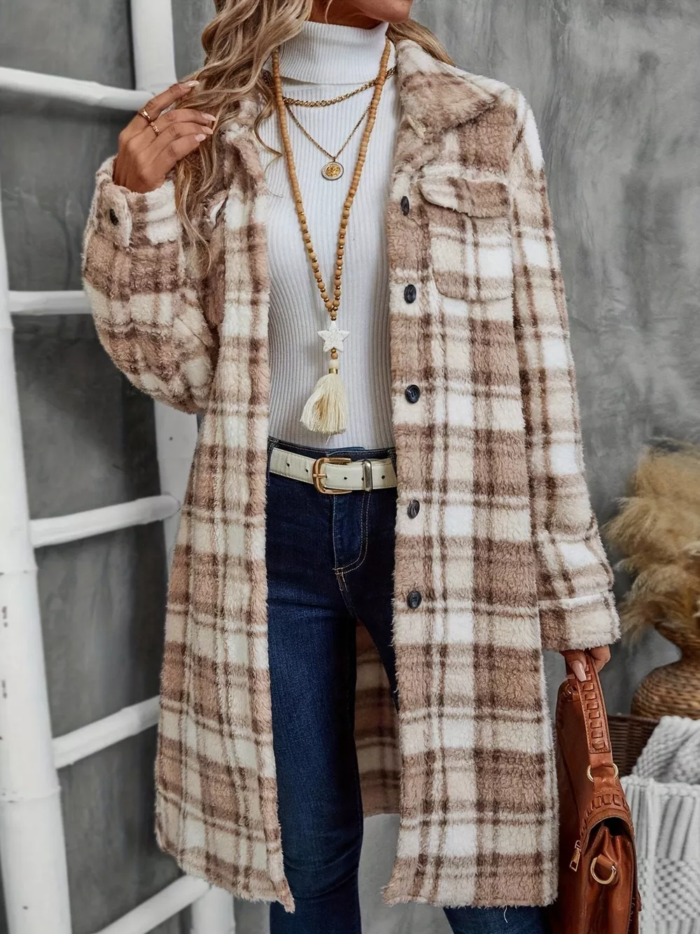 Plaid Fleece Button Up Longline Outerwear, image 4