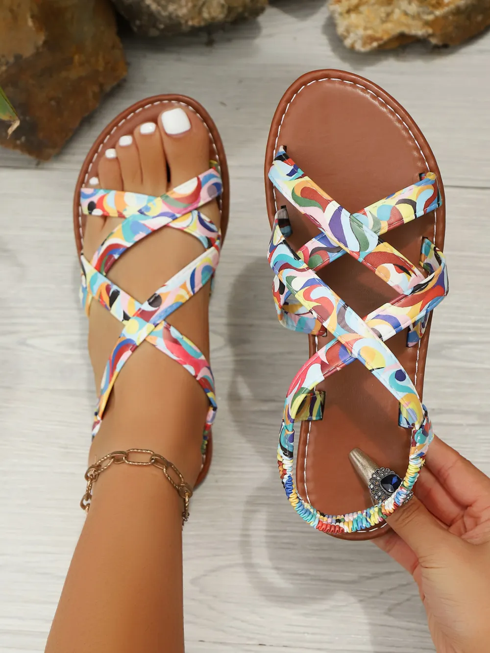 Colorful Print Strappy Flat Sandals