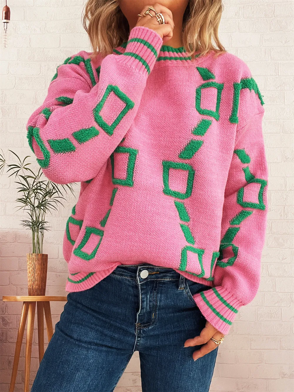 Contrast Round Neck Long Sleeve Sweater, image 2