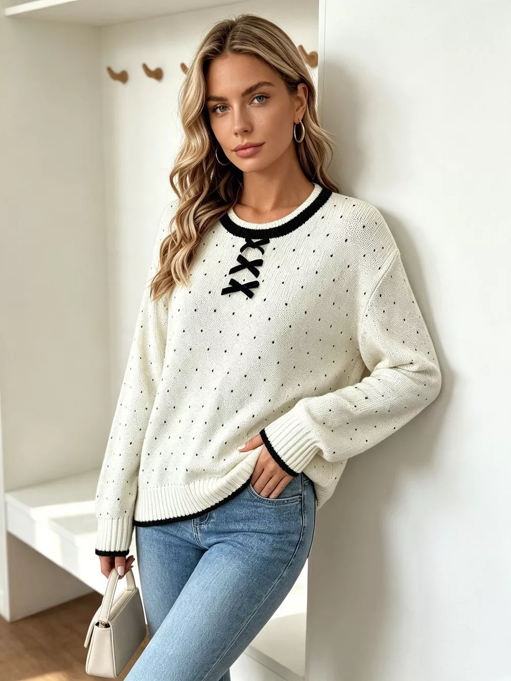 Polka Dot Lace-Up Detail Sweater, image 5