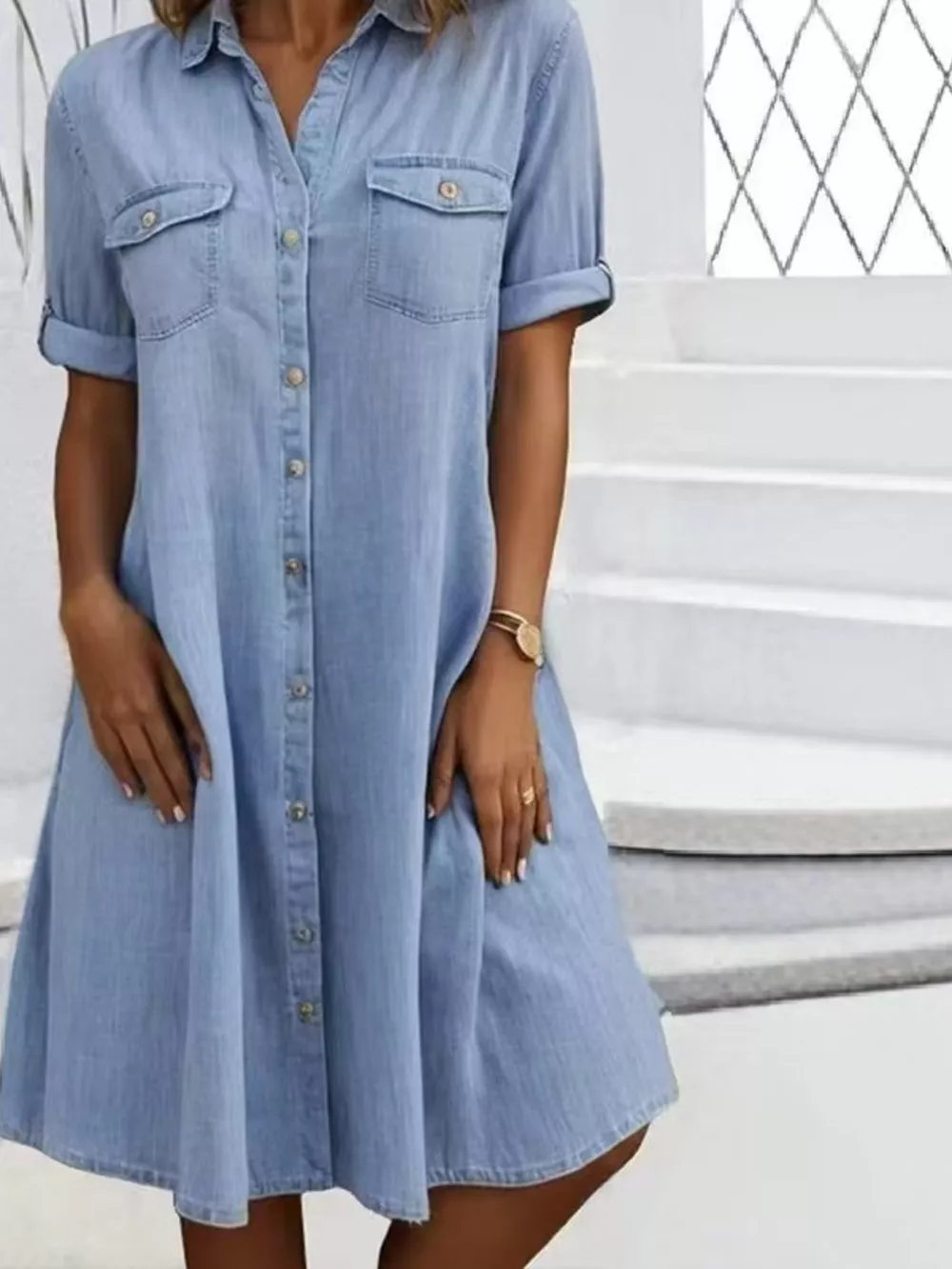 Full Size Button-Front Short Sleeve Denim Dress Plus Size, image 9
