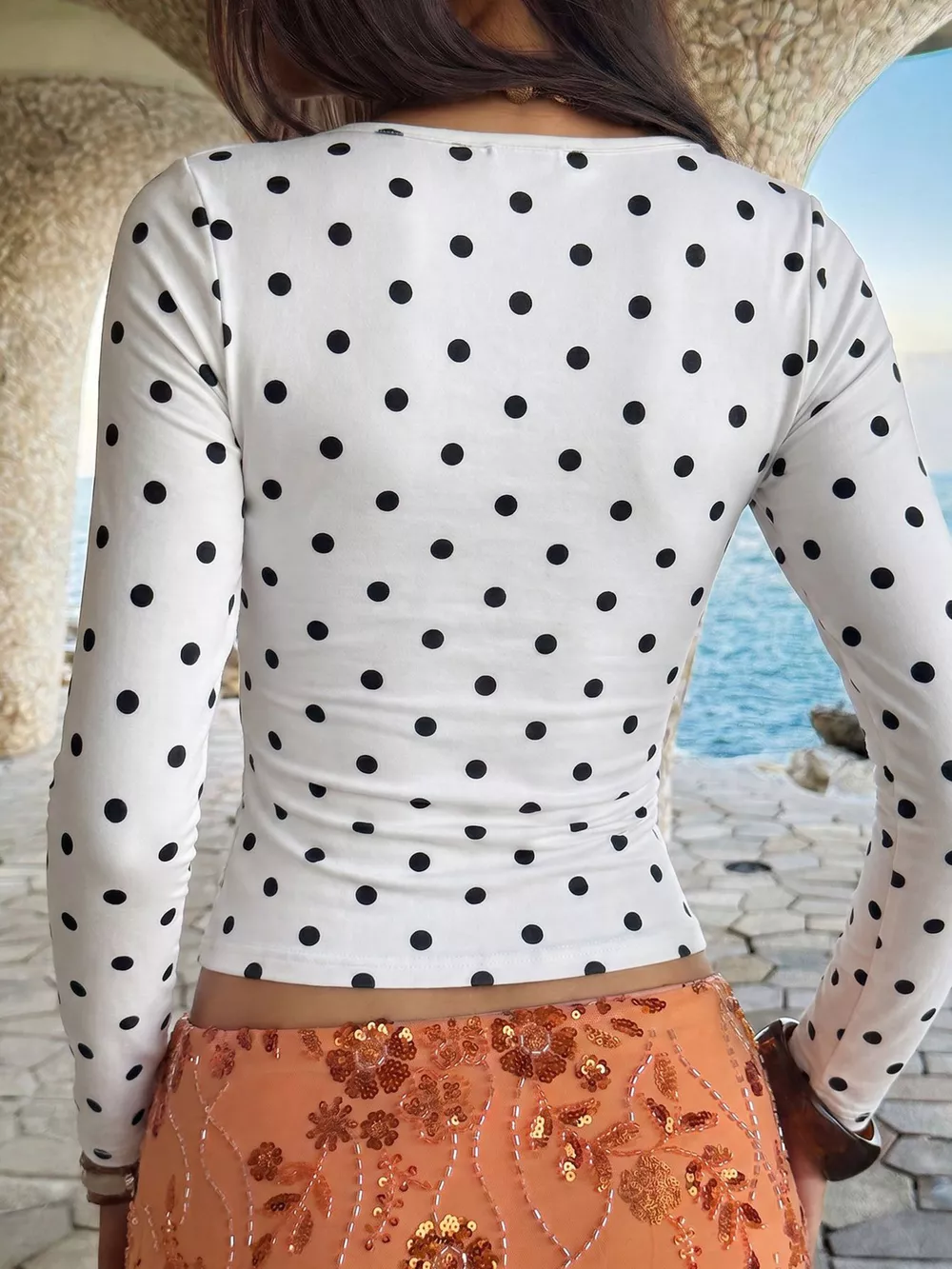 Polka Dot Square Neck Long Sleeve T-Shirt, image 5