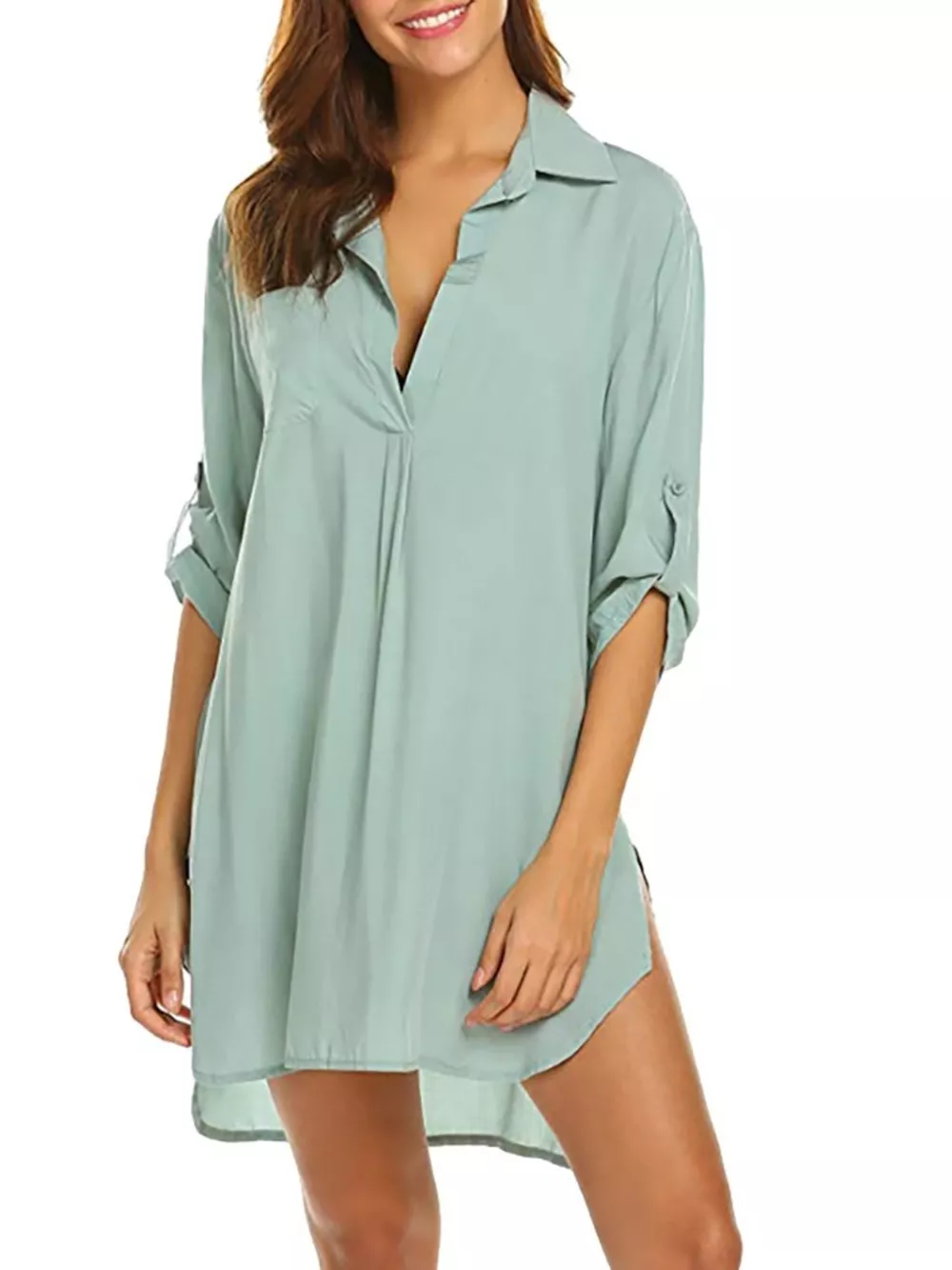 Full Size Side Slit Collared Neck Oversized Shirt Plus Size, image 14