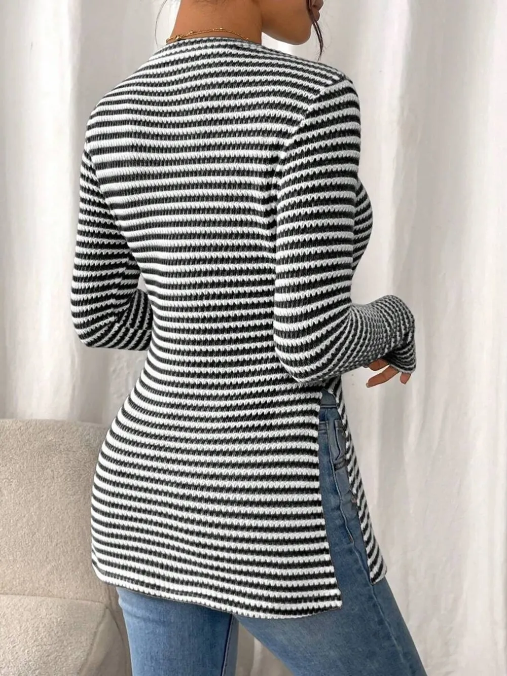 Side Slit Striped Long Sleeve T-Shirt, image 15
