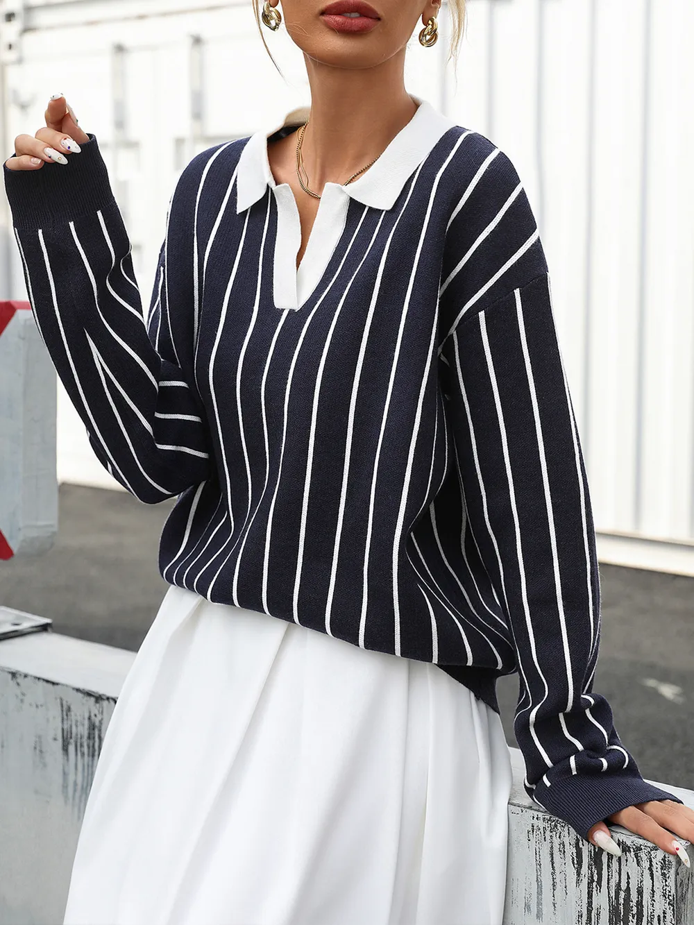 Stripe Contrast Collar Long Sleeve Knit Top, image 3