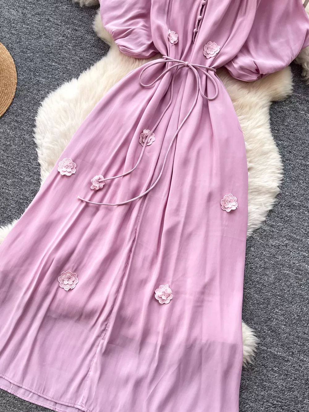 Floral Decor Tie Waist Puff Sleeve Dress, image 8