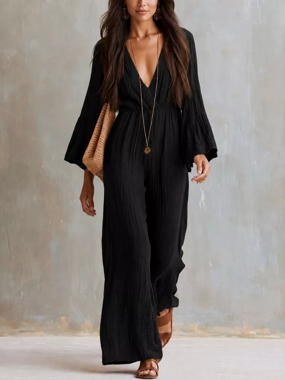 Textured Flare Sleeve Jumpsuit, image 5