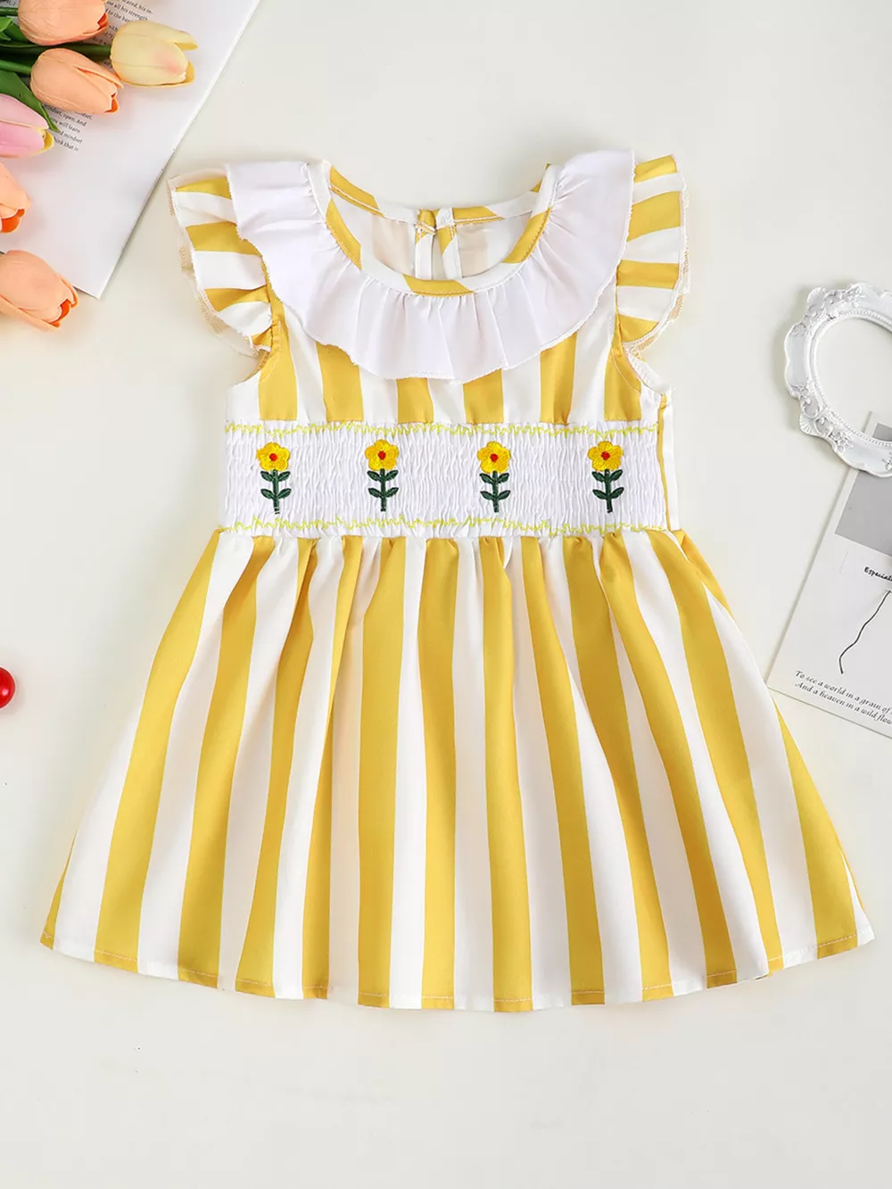Children's Gingham Ruffle Dress with Floral Appliques, image 3