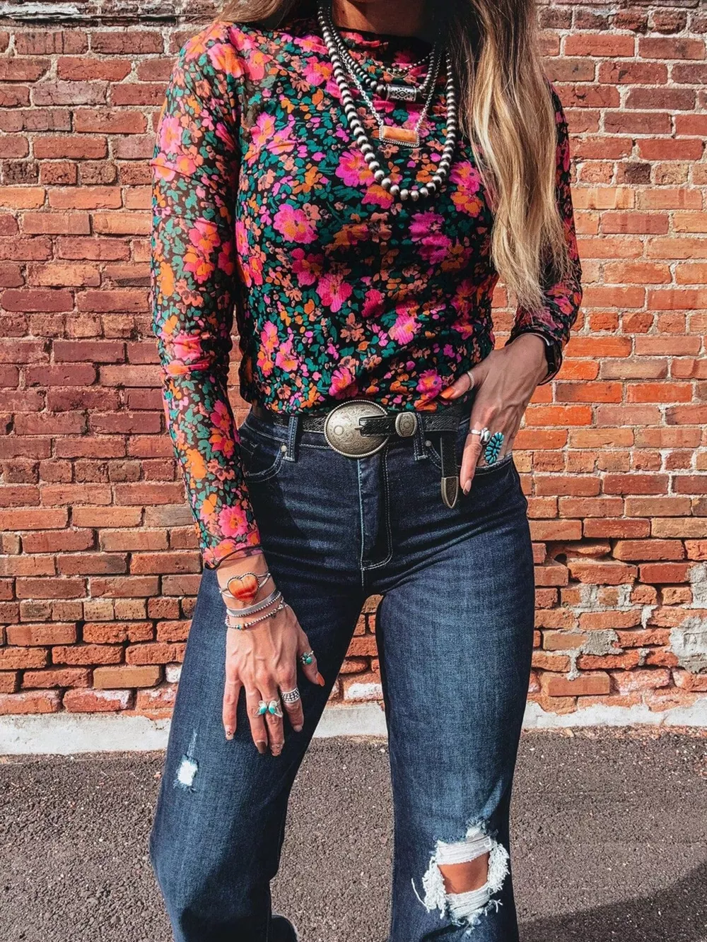 Printed Mesh Long Sleeve Slim Fit Top, image 2