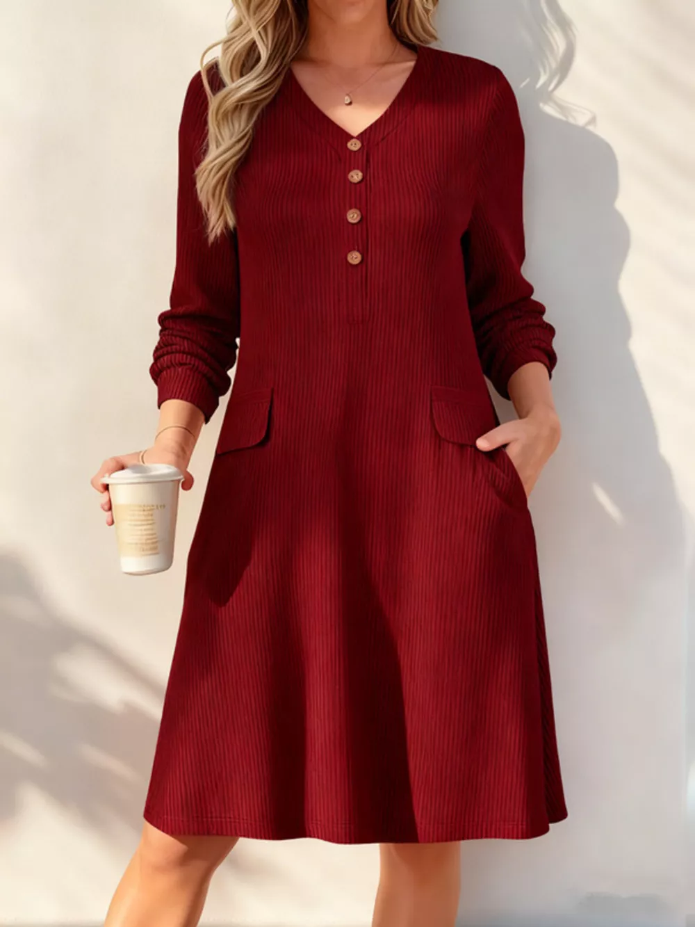 Full Size Ribbed Knit V-Neck Dress Plus Size, image 4