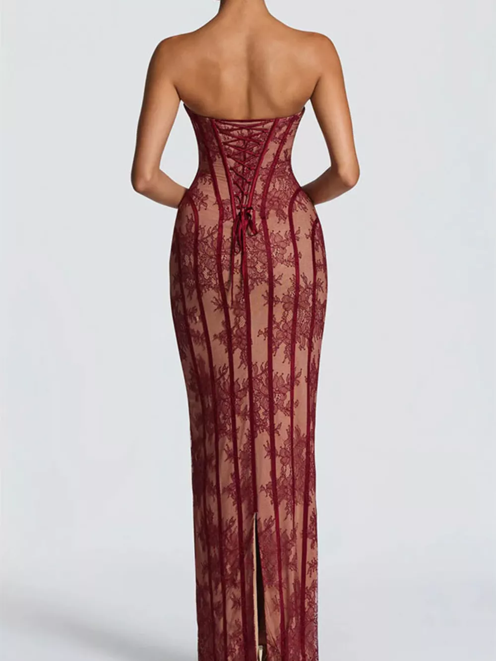 Lace Up Back Strapless Maxi Dress, image 9
