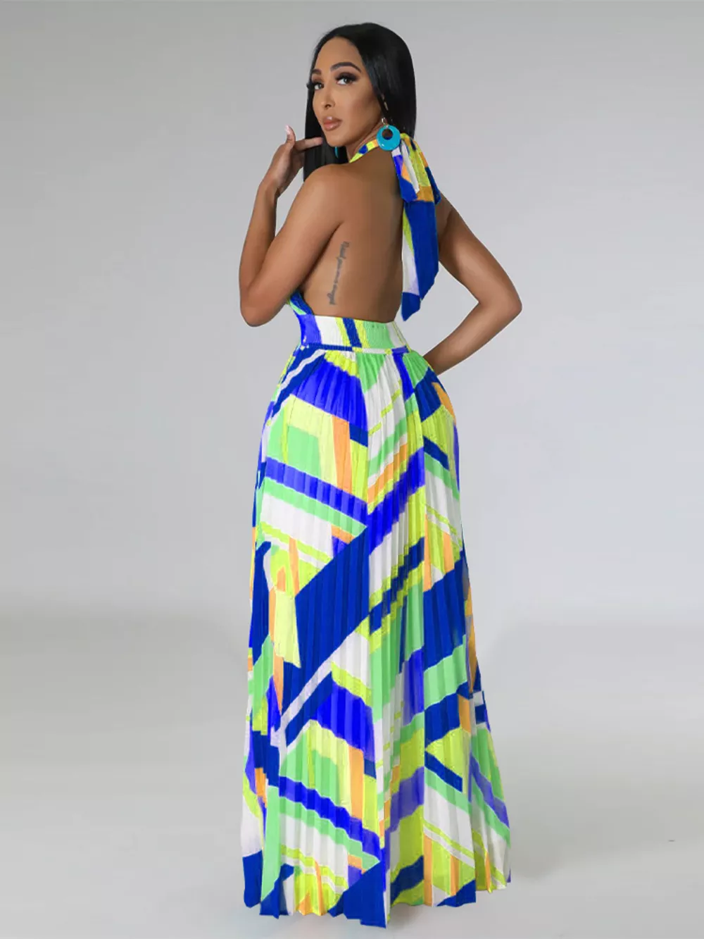 Halter Neck Geometric Print Pleated Maxi Dress, image 17