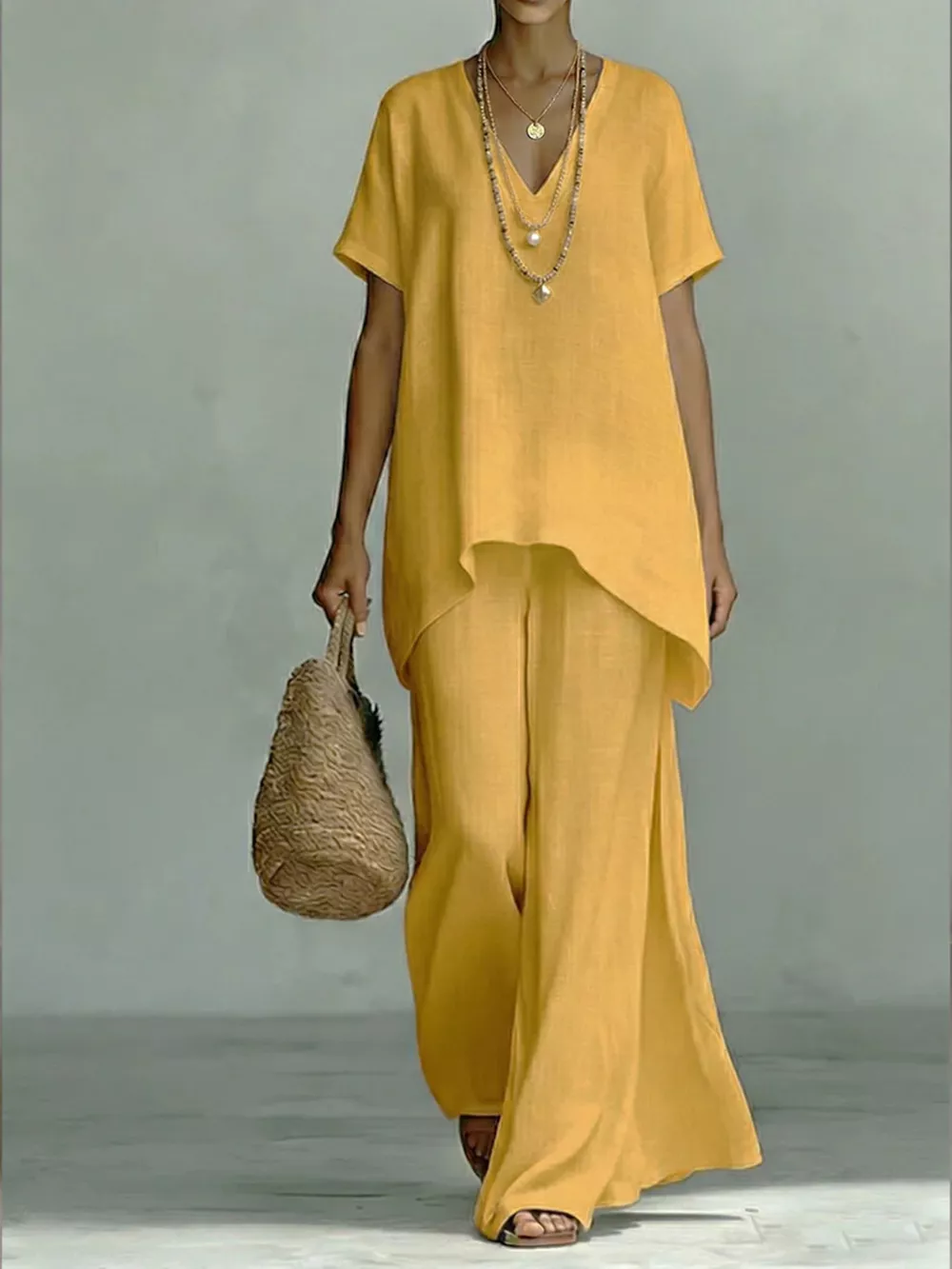 Full Size V-Neck Top and Wide-Leg Pants Set Plus Size, image 9