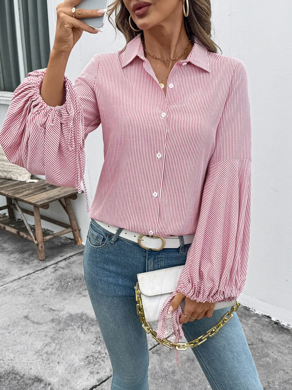 Striped Balloon Sleeve Button-Up Shirt, image 3