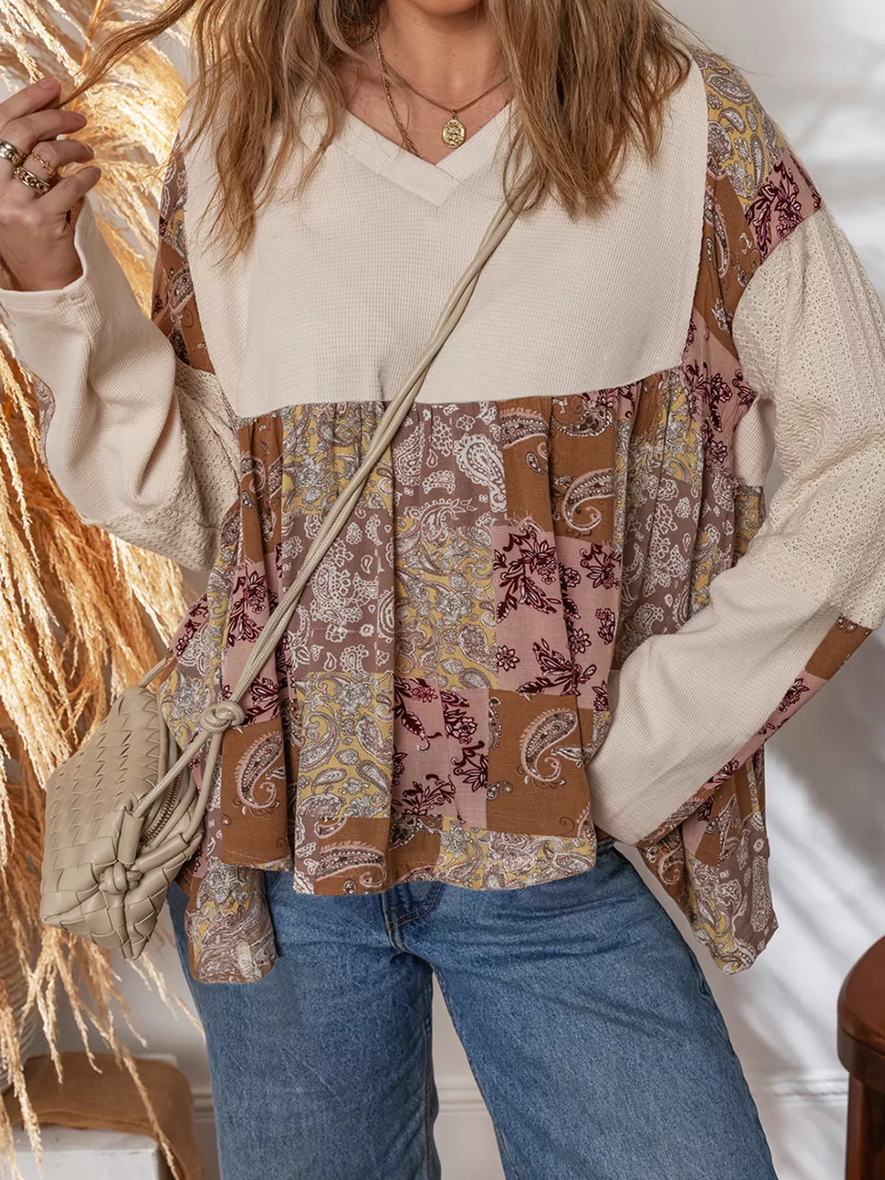 Paisley Ethnic Print Contrast Patchwork Long Sleeve Loose Top, image 2