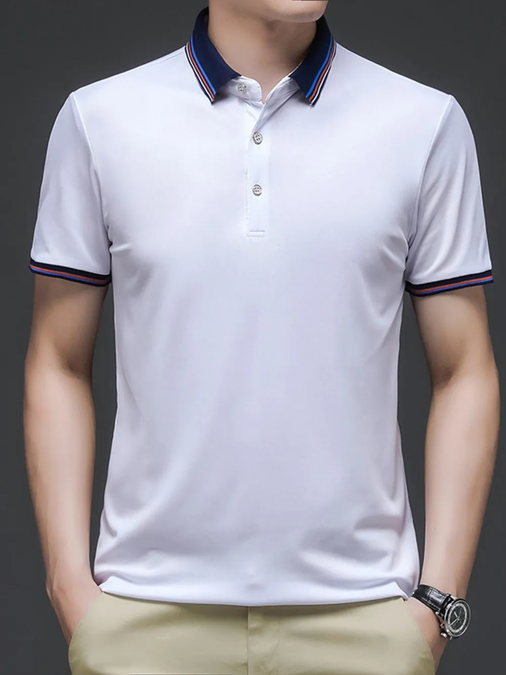 Men's Plus Size Contrast Striped Collar Short Sleeve Polo, image 2