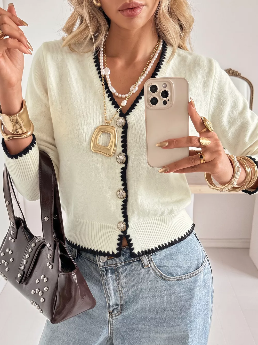 Contrast Trim V-Neck Button-Down Cardigan, image 2