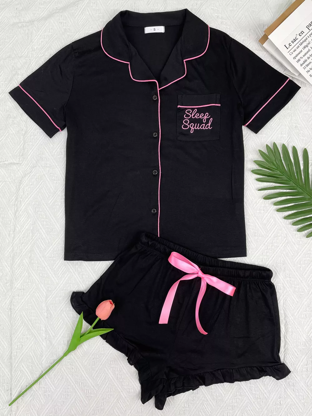 Contrast Piping Button-Down Shirt and Ruffle Shorts Lounge Set, image 5