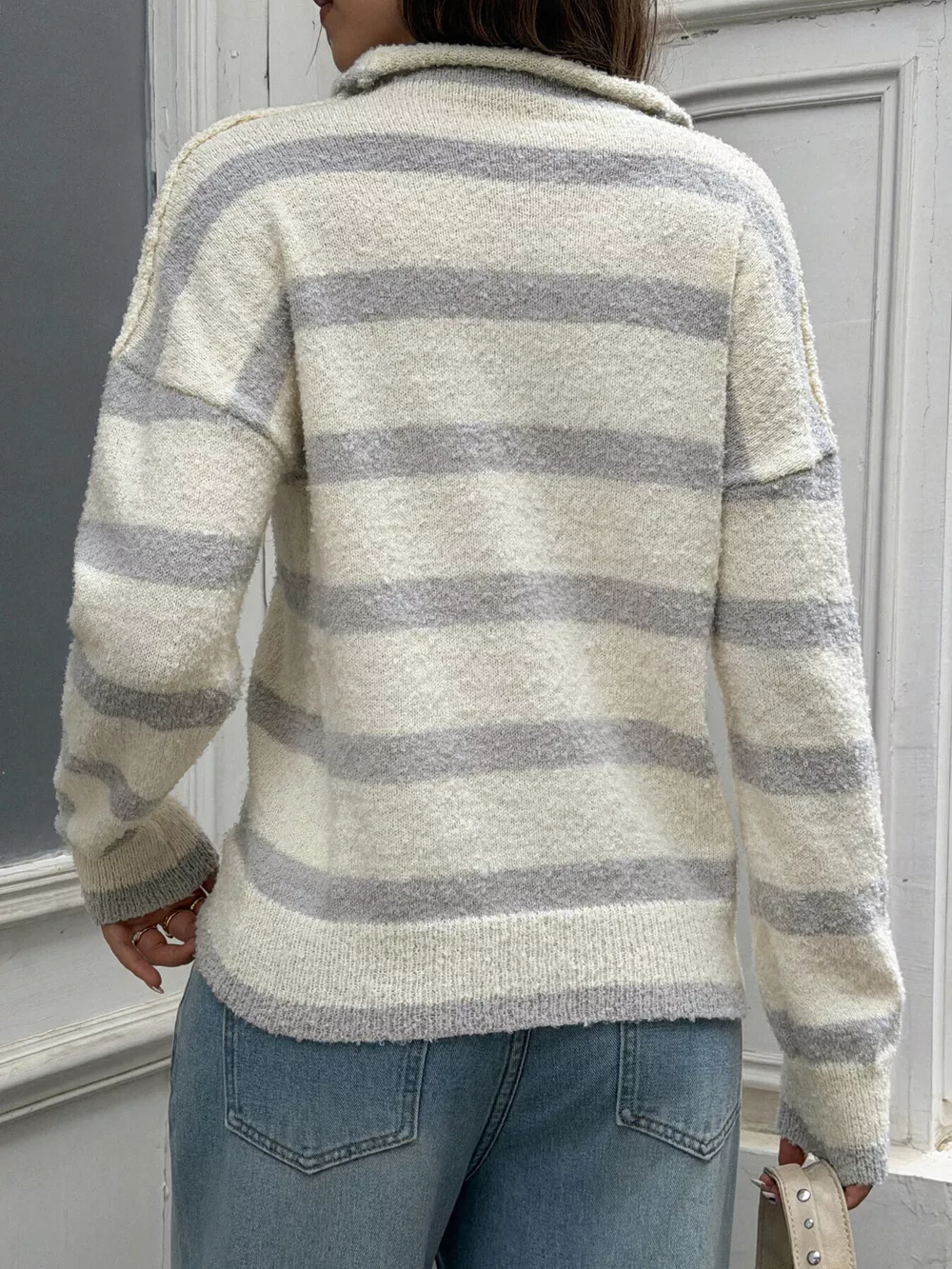 Striped Mock Neck Button-Down Textured Cardigan, image 5