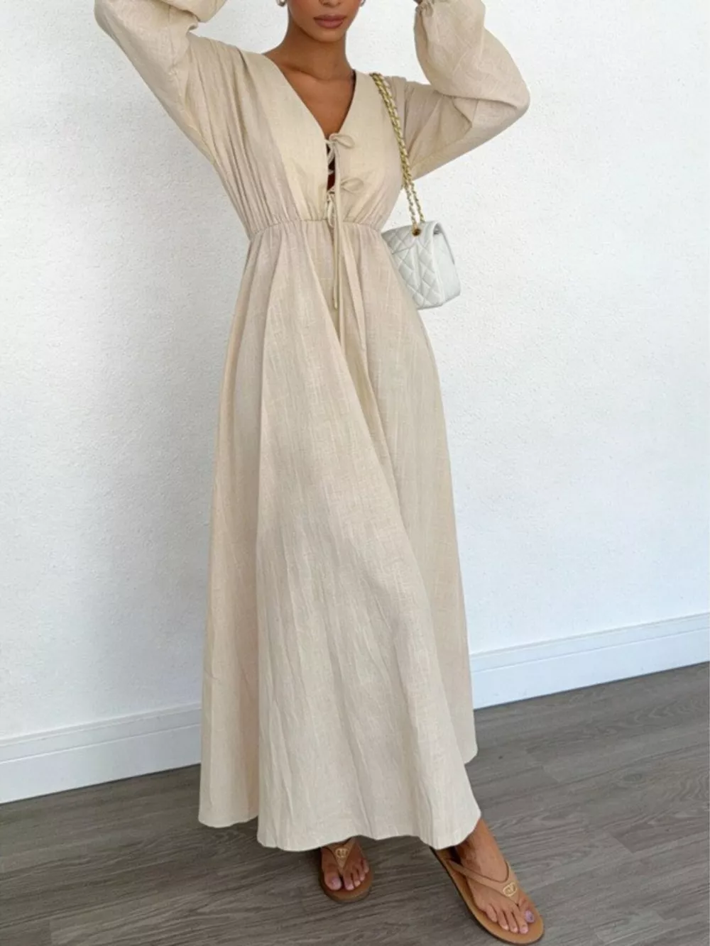 Tie Front Balloon Sleeve Maxi Dress
