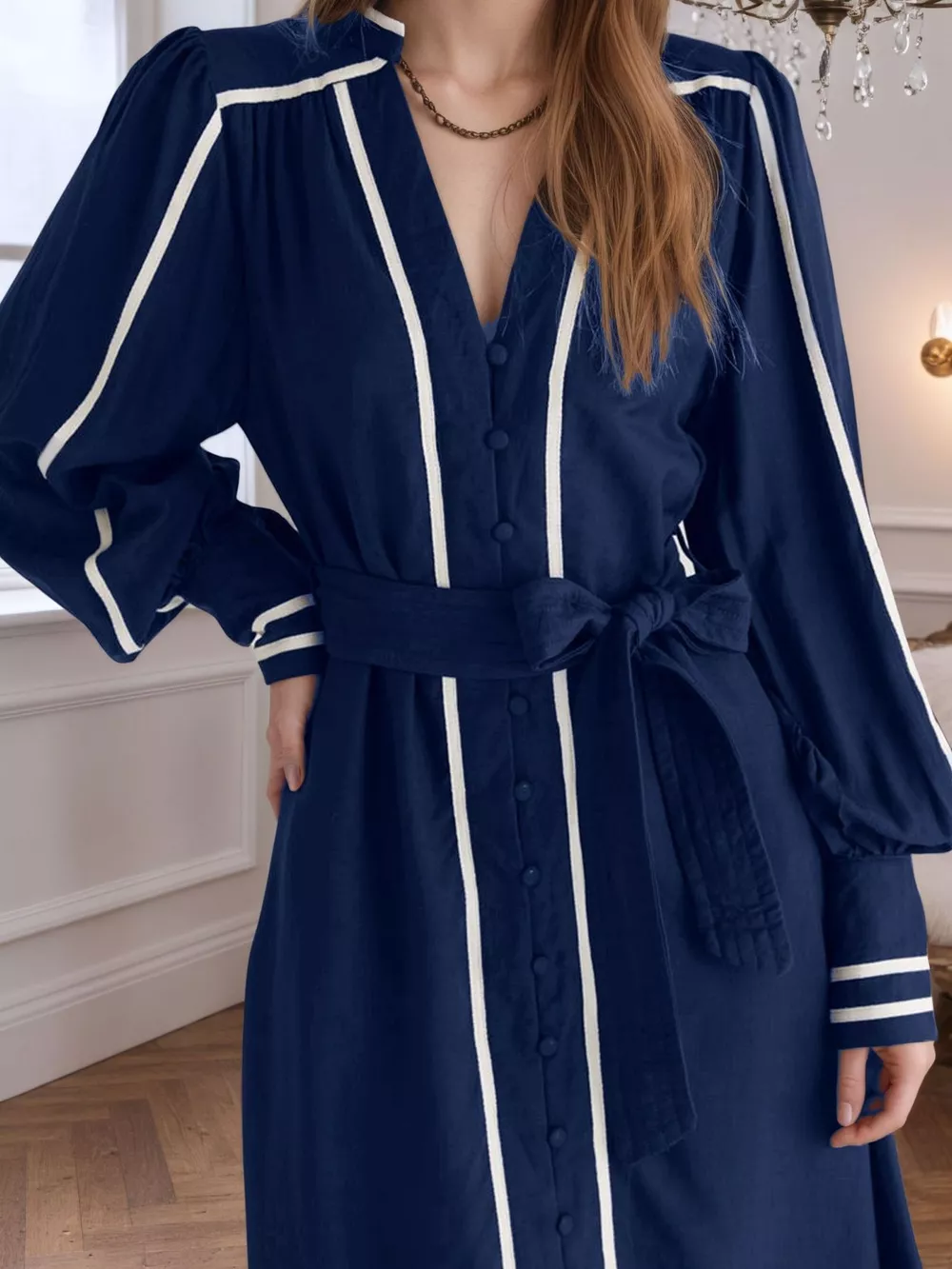 Notched Lantern Sleeve Dress, image 2