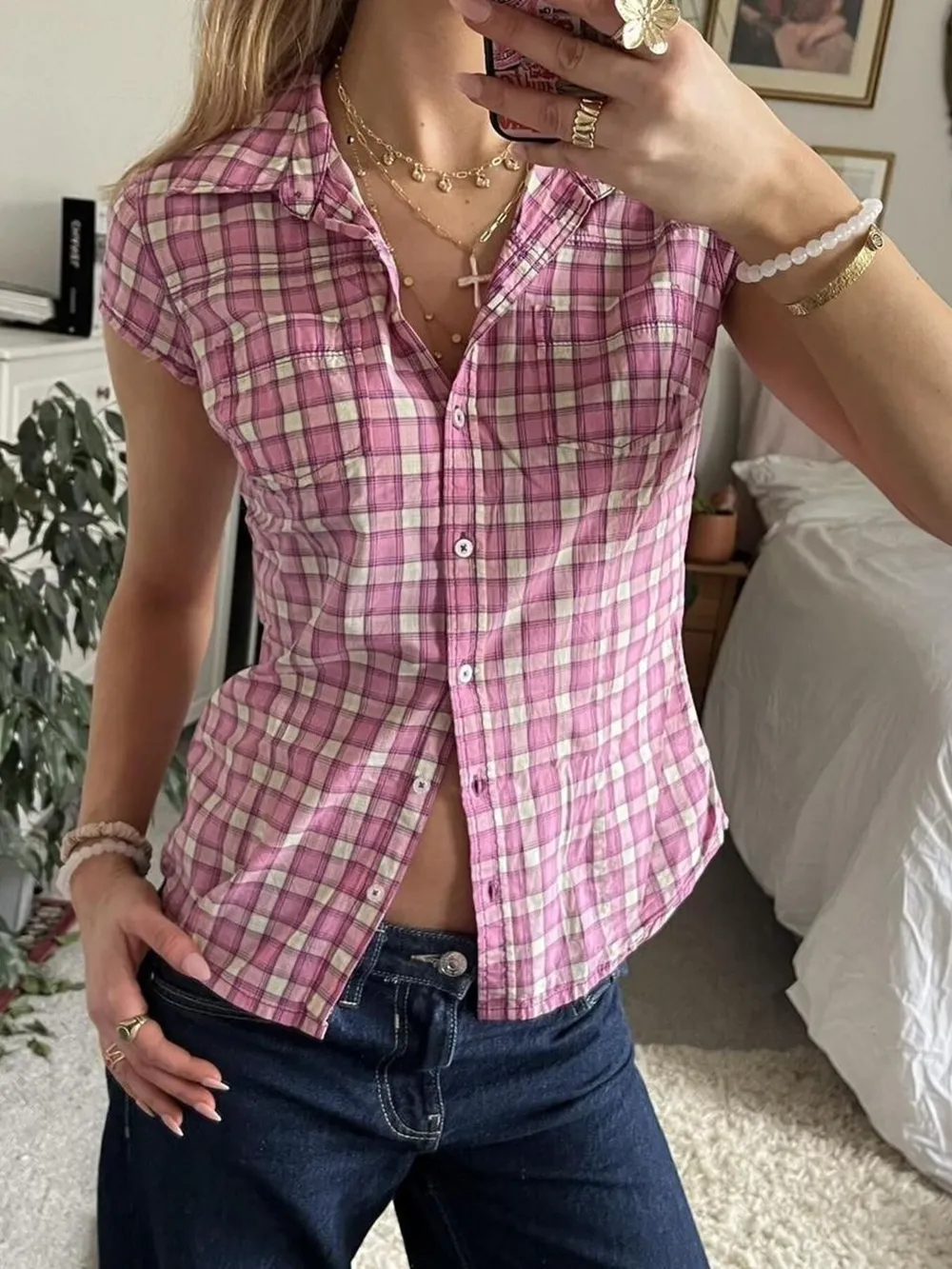 Plaid Cap Sleeve Button-Up Shirt, image 2