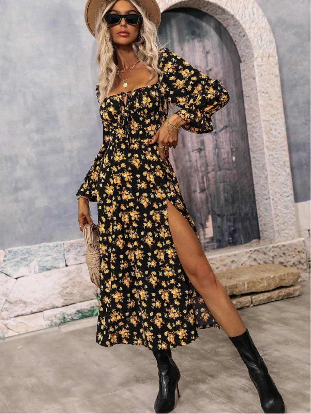 Floral Print Square Neck Flounce Sleeve Dress with Side Slit, image 6