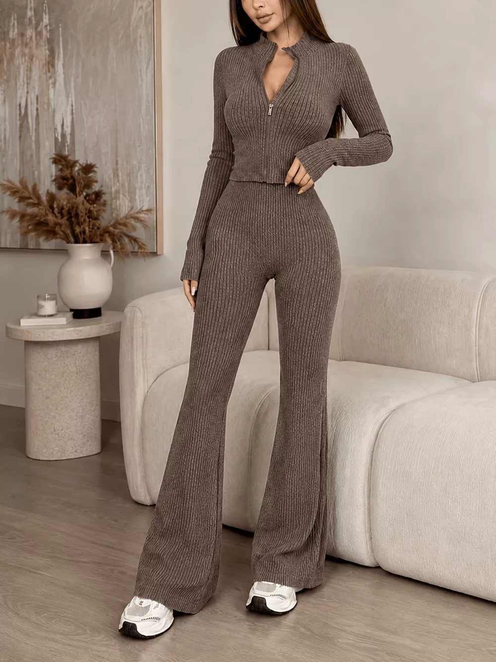 Ribbed Zip-Up Cardigan and Pants Knit Set, image 7