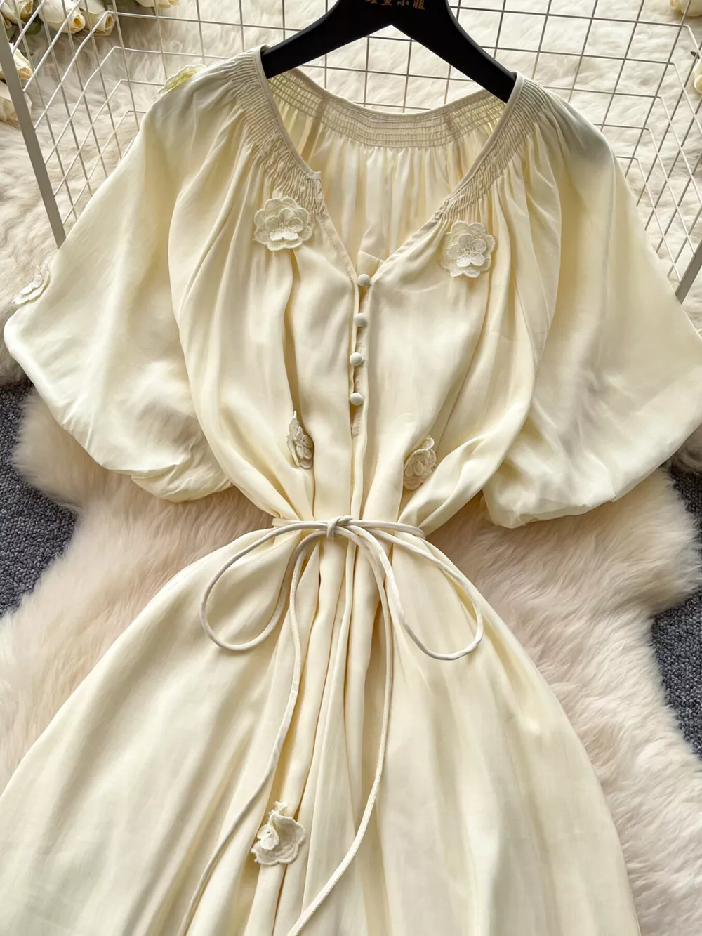 Floral Decor Tie Waist Puff Sleeve Dress